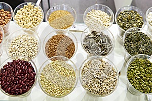 Seeds, beans and cereals in store