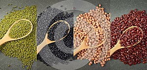 Seeds beansBlack Bean, Red Bean, Peanut and Mung Bean useful for health in wood spoons on grey background