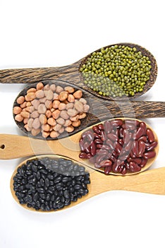Seeds beansBlack Bean, Red Bean, Peanut and Mung Bean useful for health in wood spoons on white background