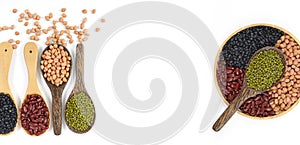 Seeds beansBlack Bean, Red Bean, Peanut and Mung Bean useful for health in wood spoons on white background