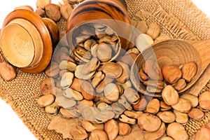 Seeds broad beans on a burlap sack