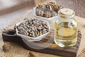 Seeds and castor oil on the wooden table - Ricinus communis