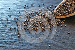 Seeds chia superfood background. Healthy pile flax seed in wooden spoon isolated on black. Salvia hispanica antioxidant grains on