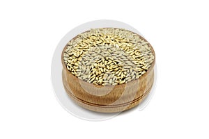 Seeds handful canary grass in a wooden plate