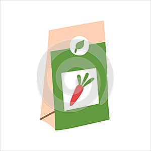 Seeds pack icon, vector illustration of paper package with carrot seeds, spring gardening, plant for farming
