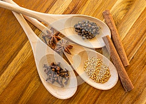 Seeds and spices in wooden spoons on a wood background