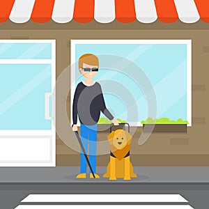 Seeing Eye Dog Guiding a Blind Man, Dog Companion and its Owner on Walk Cartoon Vector Illustration