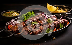 Seekh Kebab Plated on Dark Background with Garnish