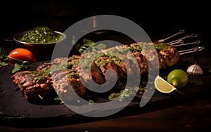 Seekh Kebab Plated on Dark Background with Garnish