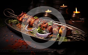 Seekh Kebab Plated on Dark Background with Garnish