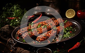 Seekh Kebab Plated on Dark Background with Garnish
