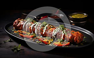 Seekh Kebab Plated on Dark Background with Garnish