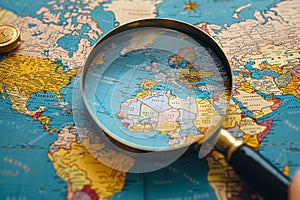 Seeking adventure Magnifying glass zooms in on world map