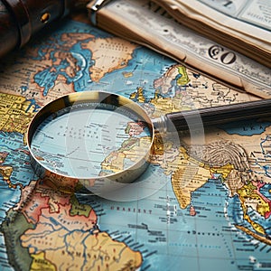 Seeking adventure Magnifying glass zooms in on world map