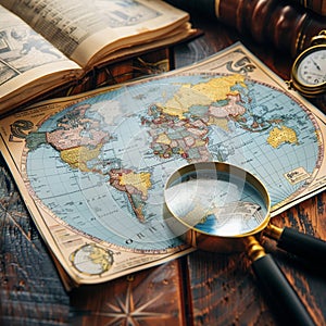 Seeking adventure Magnifying glass zooms in on world map