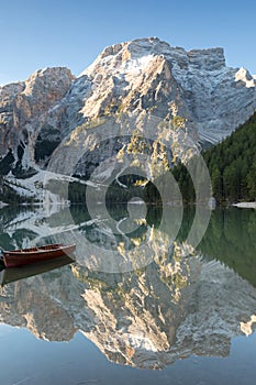 Seekofel reflecting at Lake Prags