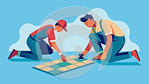 Seemingly effortless the workers glide across the floor placing each tile with practiced grace.. Vector illustration. photo
