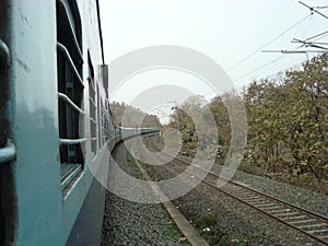 Seen of train running on turning and jungle trees