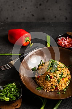 Colorful dish of Peruvian gastronomy called Arroz chaufa. photo