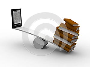 Seesaw between many books and e-reader