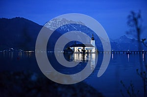 Lake castle Ort on Traunsee at the blue hour, Austria, Europe photo