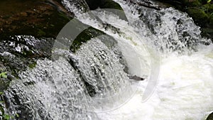 Seething picturesque clean mountain river in slow motion. The strength and beauty of a mountain stream