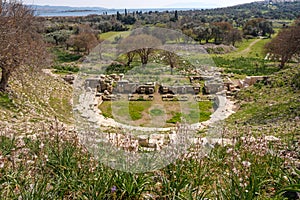 High angle view of ancient historical Teos theater with steps in on the slopes of Acropolis from Greek Roman period