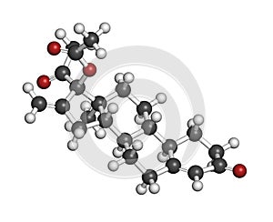 Segesterone acetate (SGA) drug molecule. 3D rendering. Atoms are represented as spheres with conventional color coding: hydrogen (