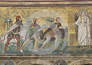 Segment of the lower of three bands of mosaics on the left lateral wall of the Basilica of Sant Apollinare in Ravenna, Italy.