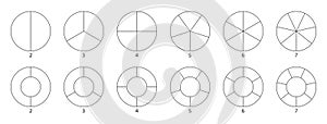 Segment slice sign. Wheel round diagram part. Circle section graph line art. Pie chart icon. 2,3,4,5,6,7 segment