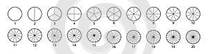 Segmented circles set isolated on a white background.Various number of sectors divide the circle on equal parts. Black