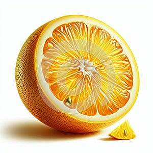 A segmented citrus fruit with a bright yellow skin and juicy,