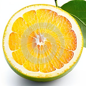 a segmented citrus fruit with a bright yellow skin and juicy pu