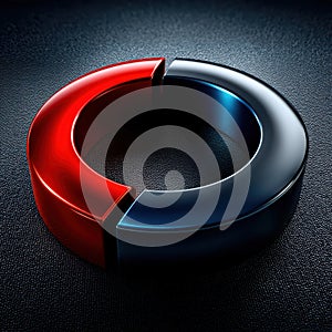 Segmented ring progress indicator in high gloss red and blue, circular status icon with luminous edg