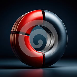 Segmented ring progress indicator in high gloss red and blue, circular status icon with luminous edg