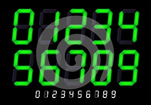 Segmented lcd display numbers. Digital time timer signs, tech clock count or retro led calculator screen font vector set