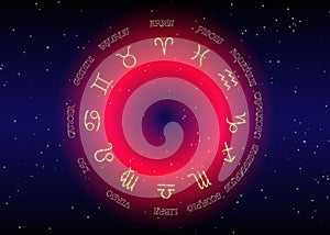 Astrology and horoscope - signs of zodiac over night sky and stars dark night sky background , illustration