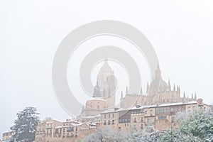 Segovia city and cathedral in the snow, Spain