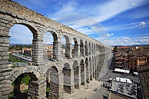 Segovia, Spain. Plaza del Azoguejo and the ancient Roman aqueduct photo