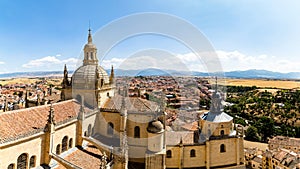 Segovia, Spain â€“ Panoramic 16:9 view of the dome of the Cathedral and of Segovia old town from the top of the bell tower