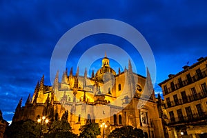 Segovia, Spain â€“ Segovia cathedral in a summer night seen from plaza Mayor.