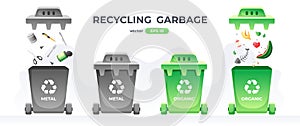 Segregation and recycling. Containers for garbage and trash. Rubbish bins for sorting different types of waste. Multi-colored cans
