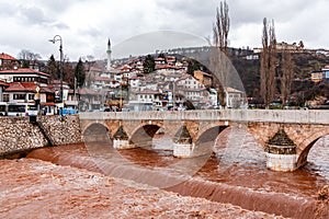 Sehir Kayhasi or Seher Cehaya stone bridge built during the Ottoman period over Miljacka River in Sarajevo, Bosnia and Herzegovina