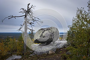 seid, megalith on mystical mountain Vottovaara in Karelia during the golden autumn.