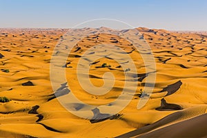 Seif dunes stretch to the horizon of the red desert at Hatta near Dubai, UAE