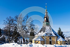 Seiffen Church in Christmas Village Ore Mountains in Saxony Germany at wintertime