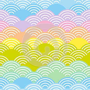 Seigaiha or seigainami literally means blue wave of the sea. rainbow seamless pattern abstract scales simple Nature background