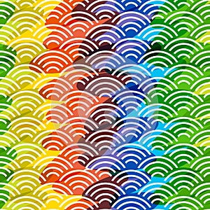 Seigaiha or seigainami literally means blue wave of the sea. rainbow seamless pattern abstract scales simple Nature background