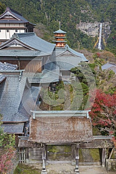 Seiganto-ji Temple with Nachi no Taki waterfall in background at Nachi Katsuura, Wakayama, Japan
