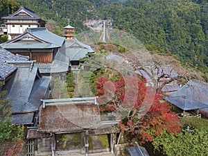 Seiganto-ji Temple with Nachi no Taki waterfall in background at Nachi Katsuura, Wakayama, Japan